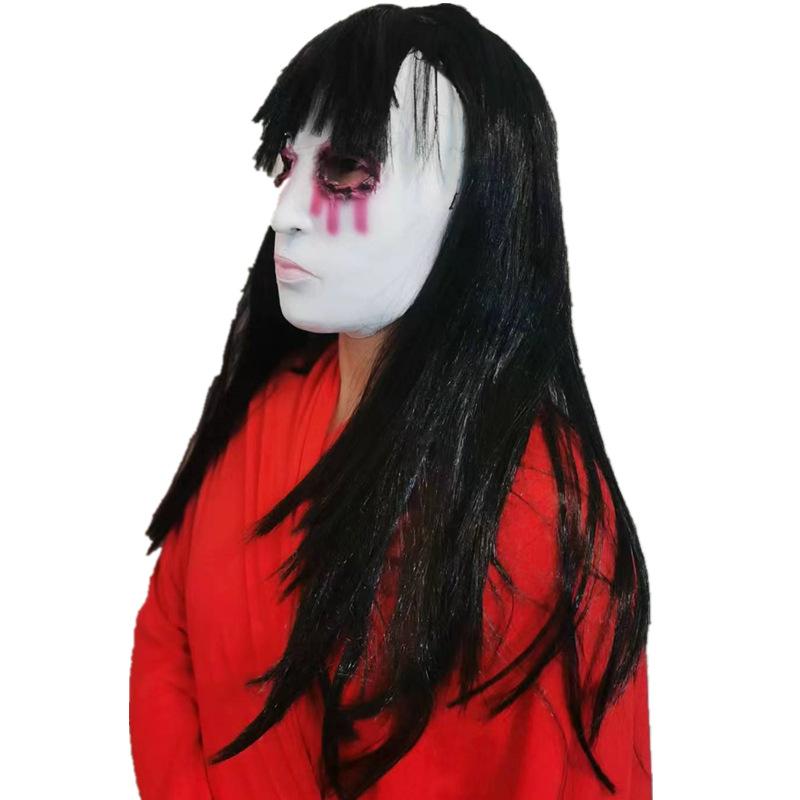 Unisex Halloween horror mask, black-haired, with a split mouth, female ghost design, bloody, for role-playing games, haunted house, and extremely