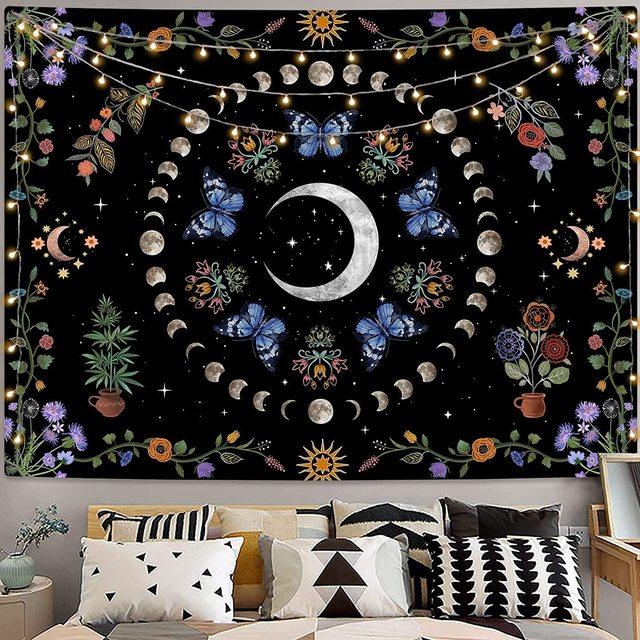 Moon Phase Tapestry Wall Hanging Butterfly Flower Boho Floral Plant Botanical Tapestries Window Vintage Carpets For Living Room