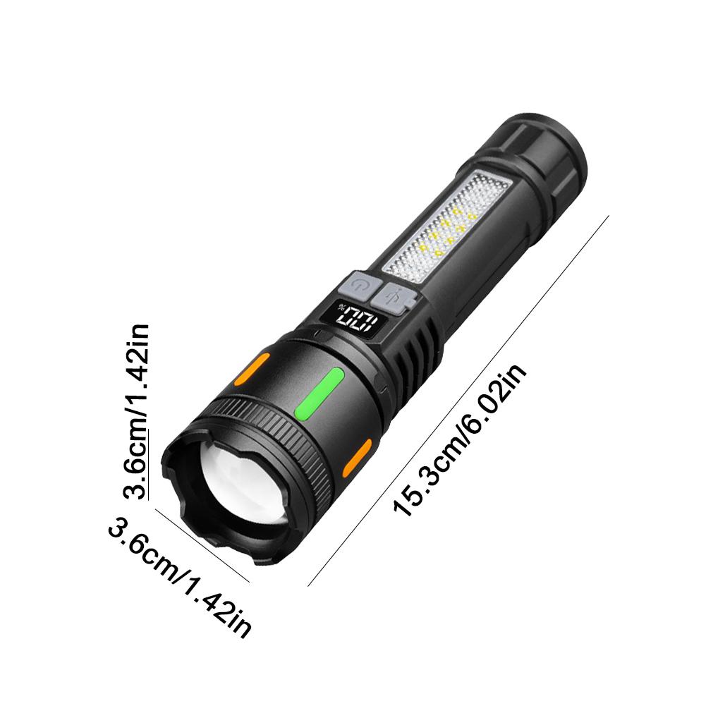 Handheld LED Flashlight USB Charging Super Bright Flashlight Power Display Powerful Zoom Lamp with Side Light for Camping Hiking