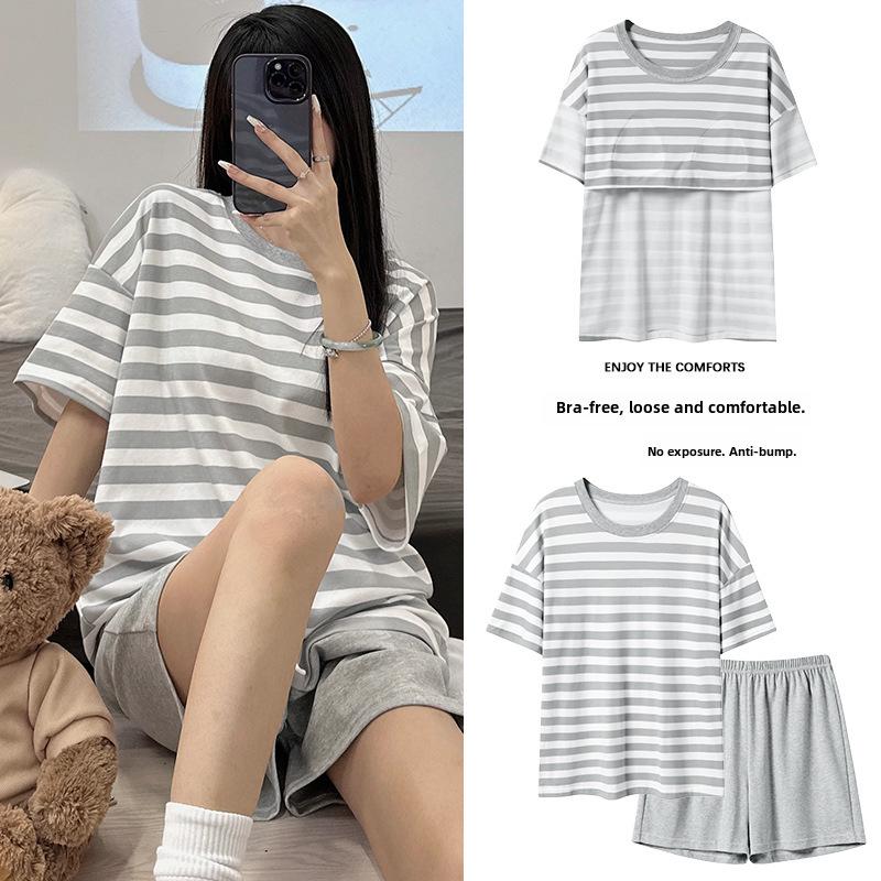Женская летняя пижама 2023 года с короткими рукавами и нагрудными подушечками — легкий хлопковый комплект домашней одежды с антивыпуклыми точками для комфортного сна.