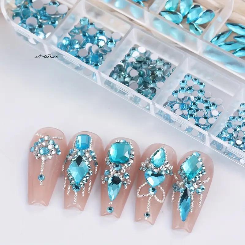12-Grid 3D Nail Art Rhinestones Set Super-Shiny Flatback Adhesive Rhinestones for DIY Decorative Nail Art Multiple Shapes