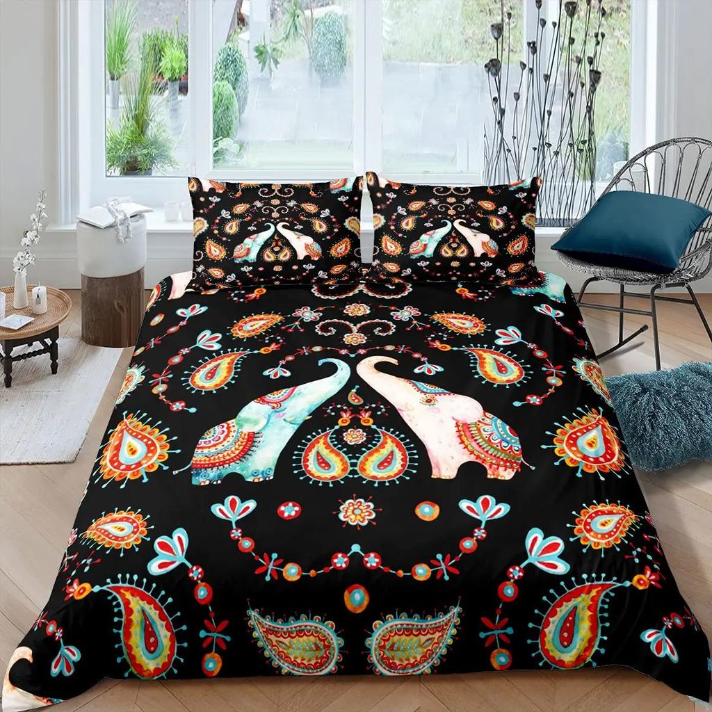 Богемный Мандала Слон Комплект Пододеяльника Boho Слон Комплект Постельного Белья Сафари Животное Чехол на Одеяло Пейсли Индийский Экзотический Комплекты Постельного Белья