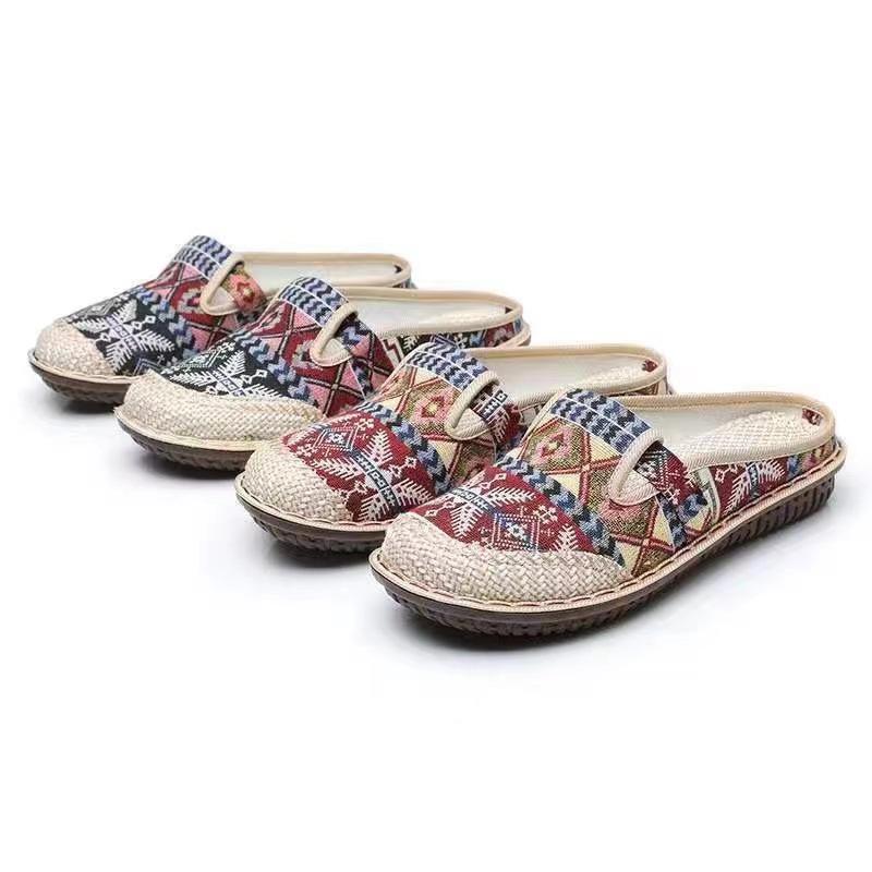 2024 летние туфли в этническом стиле из старой пекинской ткани, тапочки-мешки, дышащие женские туфли из льна в национальном стиле, полудышащие туфли ханьфу
