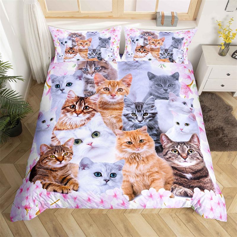 Детский комплект постельного белья с изображением кошек, двухспальный комплект постельного белья с 3D-изображением животных из мультфильма, микрофибра, милый чехол для питомца, для девочек и мальчиков, любителей кошек