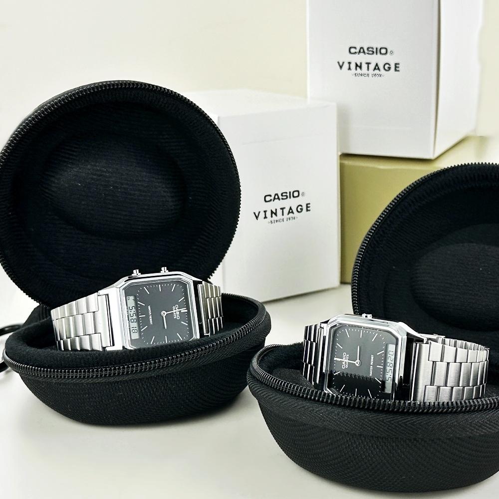 Пара цифровых часов CASIO с циферблатом и памятью и корпус для семейных часов. Аналого-цифровой дизайн.