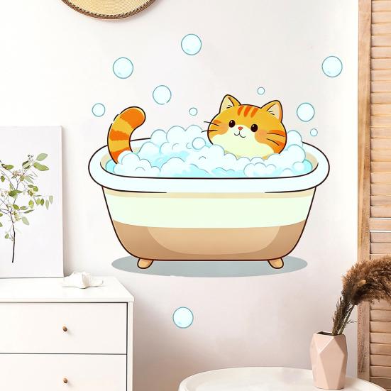 Мультяшный кот Наклейка на стену, Забавный оранжевый кот Купающийся/Вылизывающий Наклейка на стену, Отклей и приклей Самоклеящаяся ПВХ Настенный рисунок для Кухни, Ванной комнаты