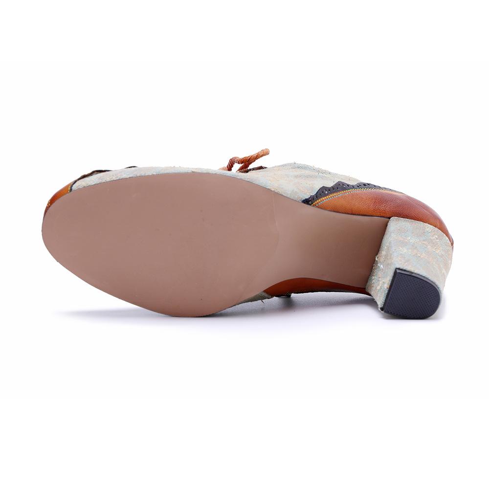 Johnature Fashionable Lace Up High Heels Retro Genuine Leather Patchwork Women's Shoes