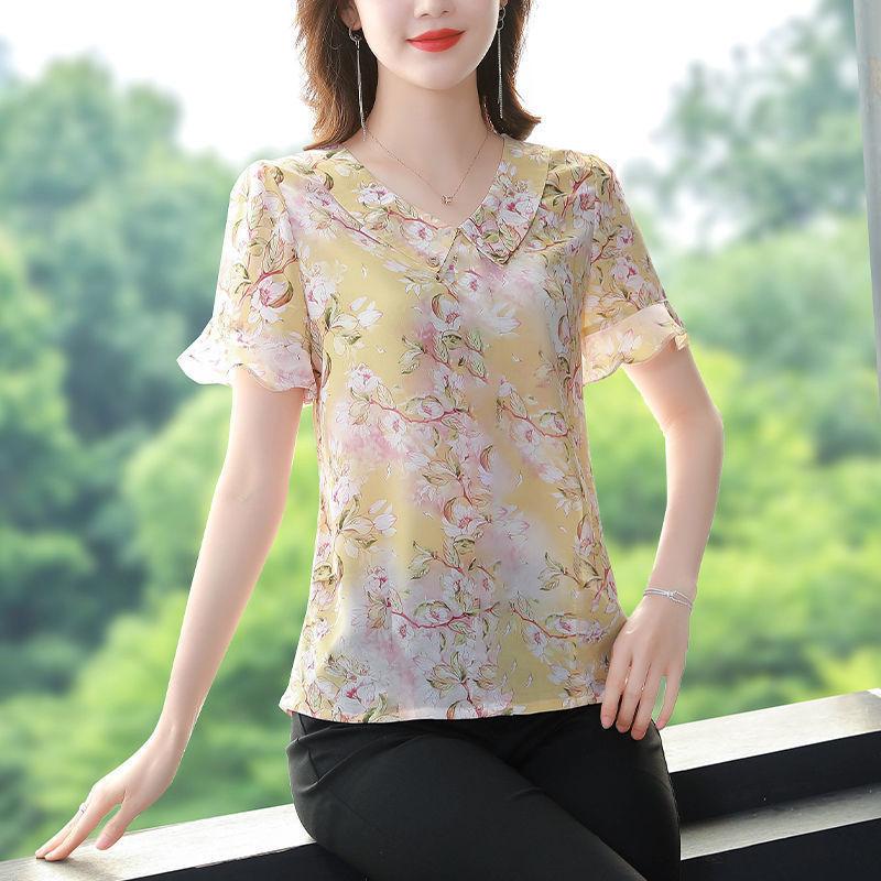 Шифоновая рубашка с цветочным принтом и кукольным вырезом, женская блузка с коротким рукавом, новый летний свободный топ с принтом M-4XL