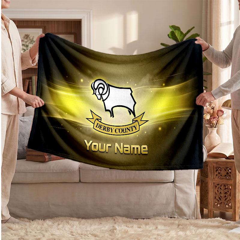 Derby County Personalized Fleece Blanket With Football Logo, Custom Name Text Soft Warm Home Throw Blanket