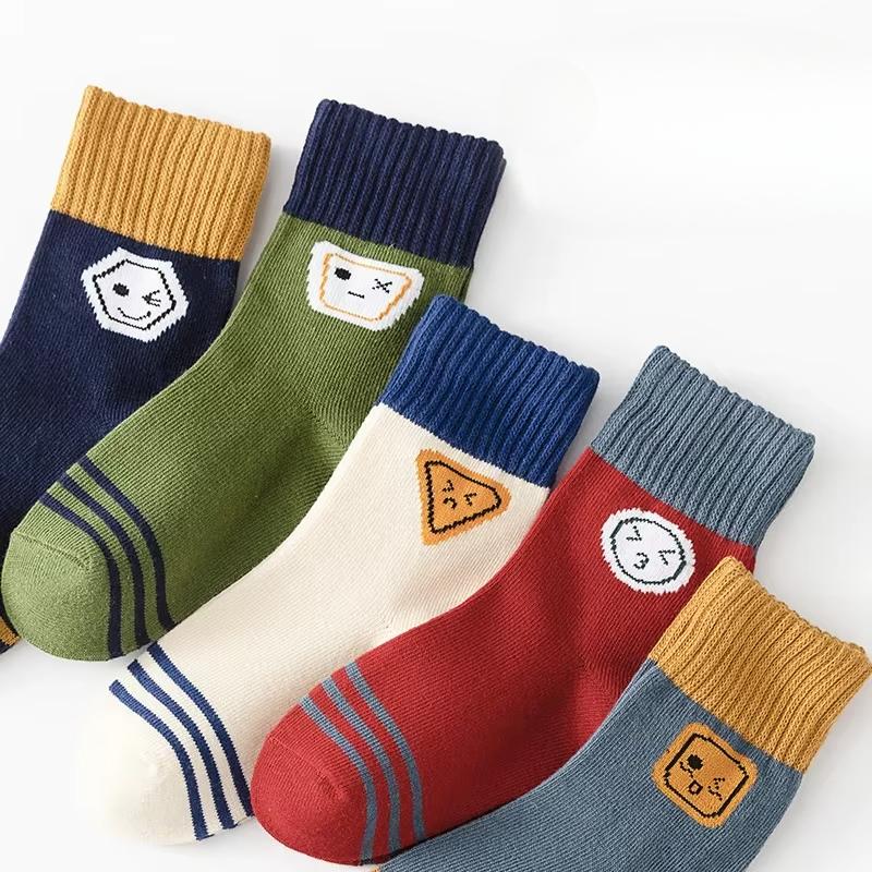 5Pairs Children Socks Cute Expression Anti-pilling Breathable Cotton Athletic Socks Boutique Kids Clothing Outerwear 1-16Years