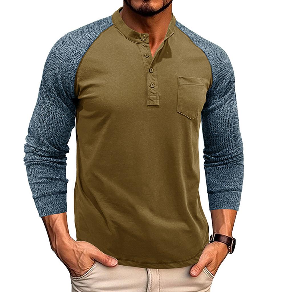 Men's Round Neck Ribbed Long Sleeved Bottoming Shirt Tough Guy Contrast Color Retro Button Men's T-shirt Top