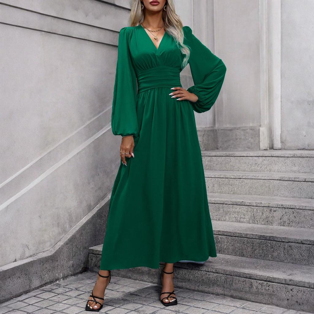 Women's Fashionable Solid Color V-neck Long Sleeved Slit Dress