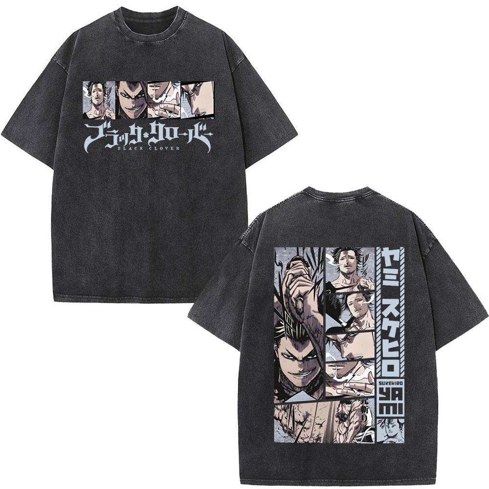 Washed Anime Black Clover Logo Graphic Print T-shirt Harajuku Summer Fashion Casual Cotton Oversized T-shirts Tops Streetwear