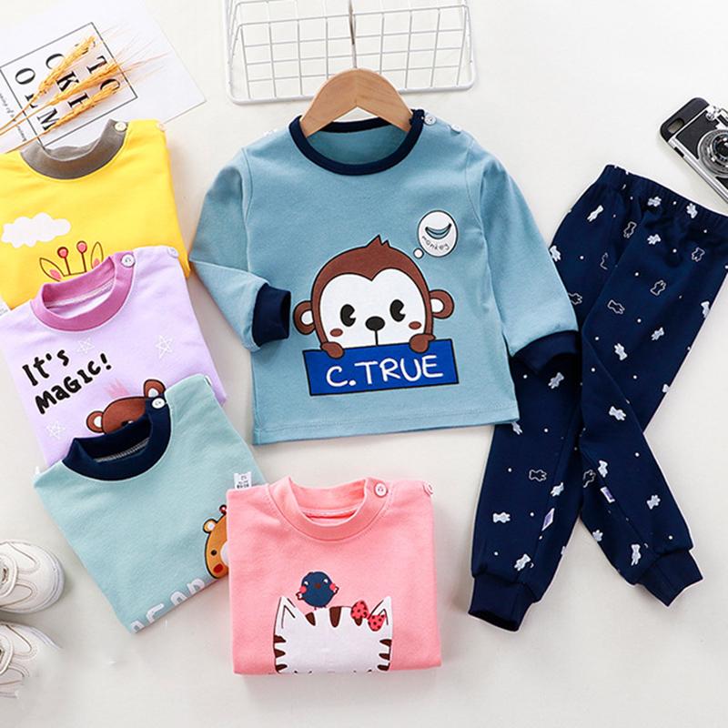 Зимняя детская футболка с длинным рукавом и круглым вырезом, комплект брюк, повседневный мешковатый костюм из 2 предметов, хлопковый наряд с мультяшным принтом