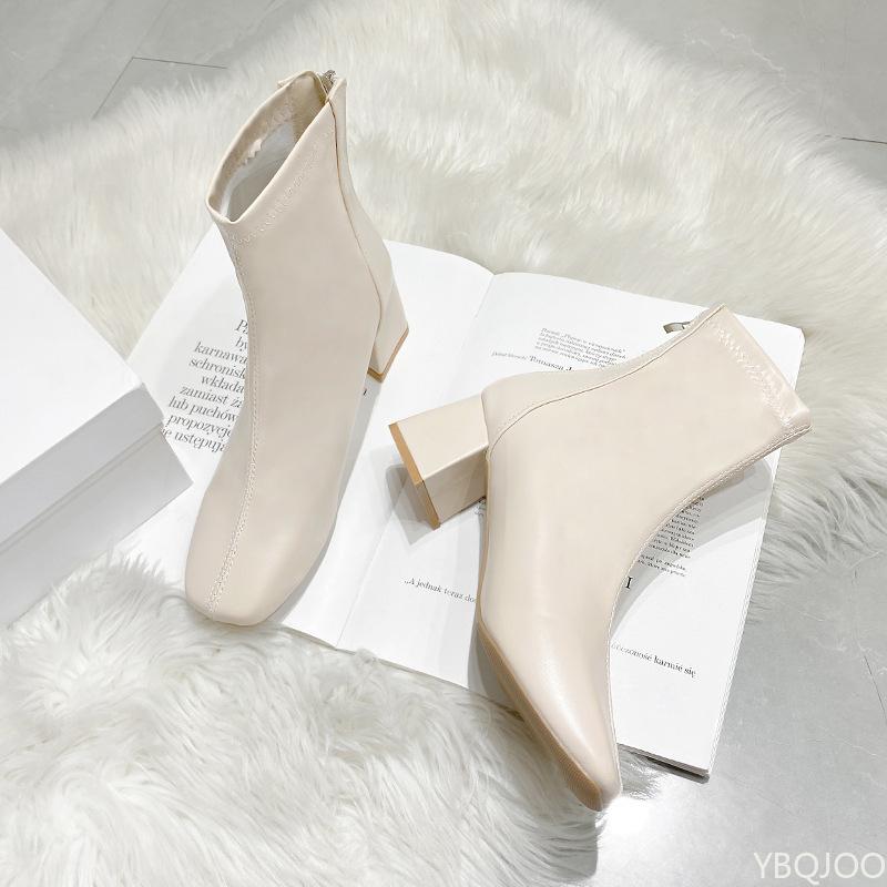 Модная европейская и американская женская модная зимняя универсальная однотонная обувь на квадратном каблуке с задней молнией короткие ботинки Zapatos De Mujer