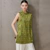 2025 Summer Edition Satin Printed Sleeveless Thin Top with Chinese Style Fashion Stand up Collar and Slant Collar Button Shirt