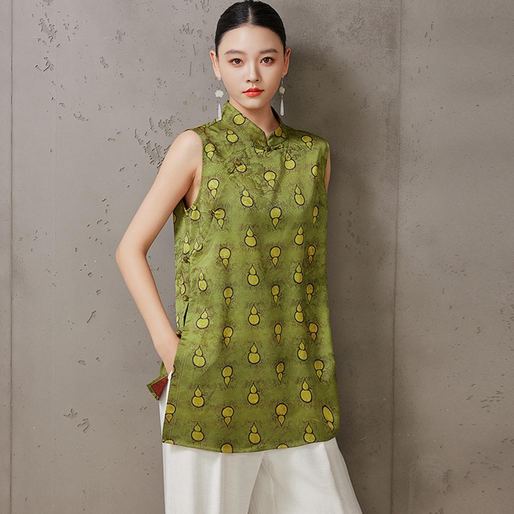 2025 Summer Edition Satin Printed Sleeveless Thin Top with Chinese Style Fashion Stand up Collar and Slant Collar Button Shirt