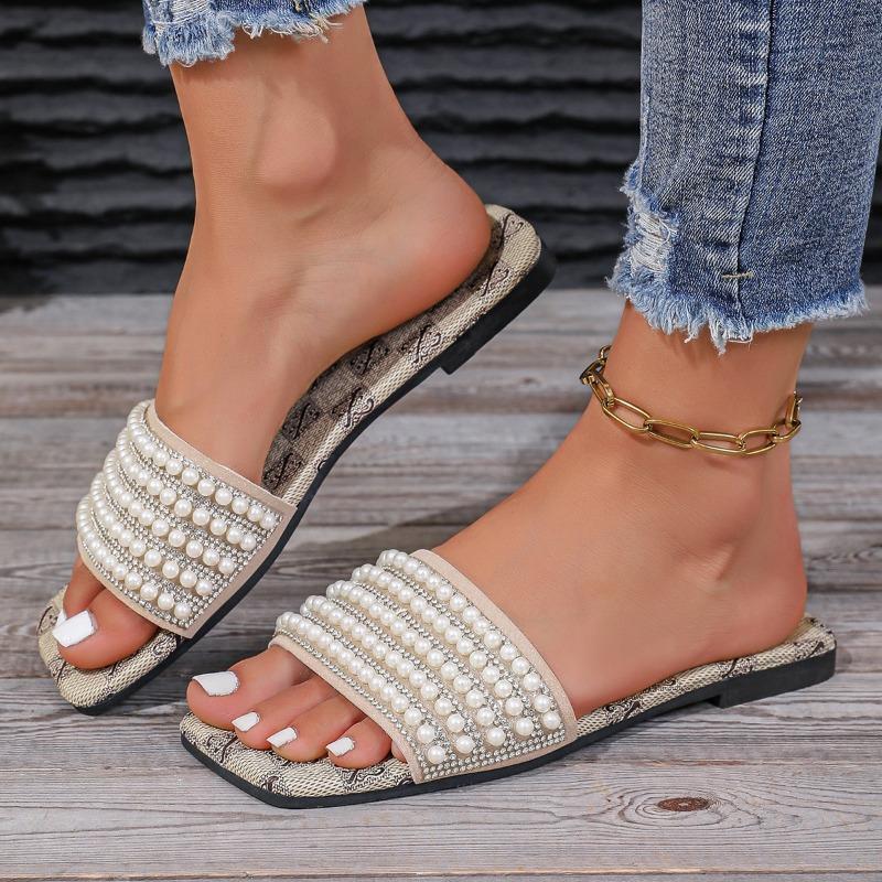 Fashion Spring Summer Women Slippers Flat Bottom Lightweight Pearl Solid Open Toe Comfortable Casual Most Loved Womens Slippers