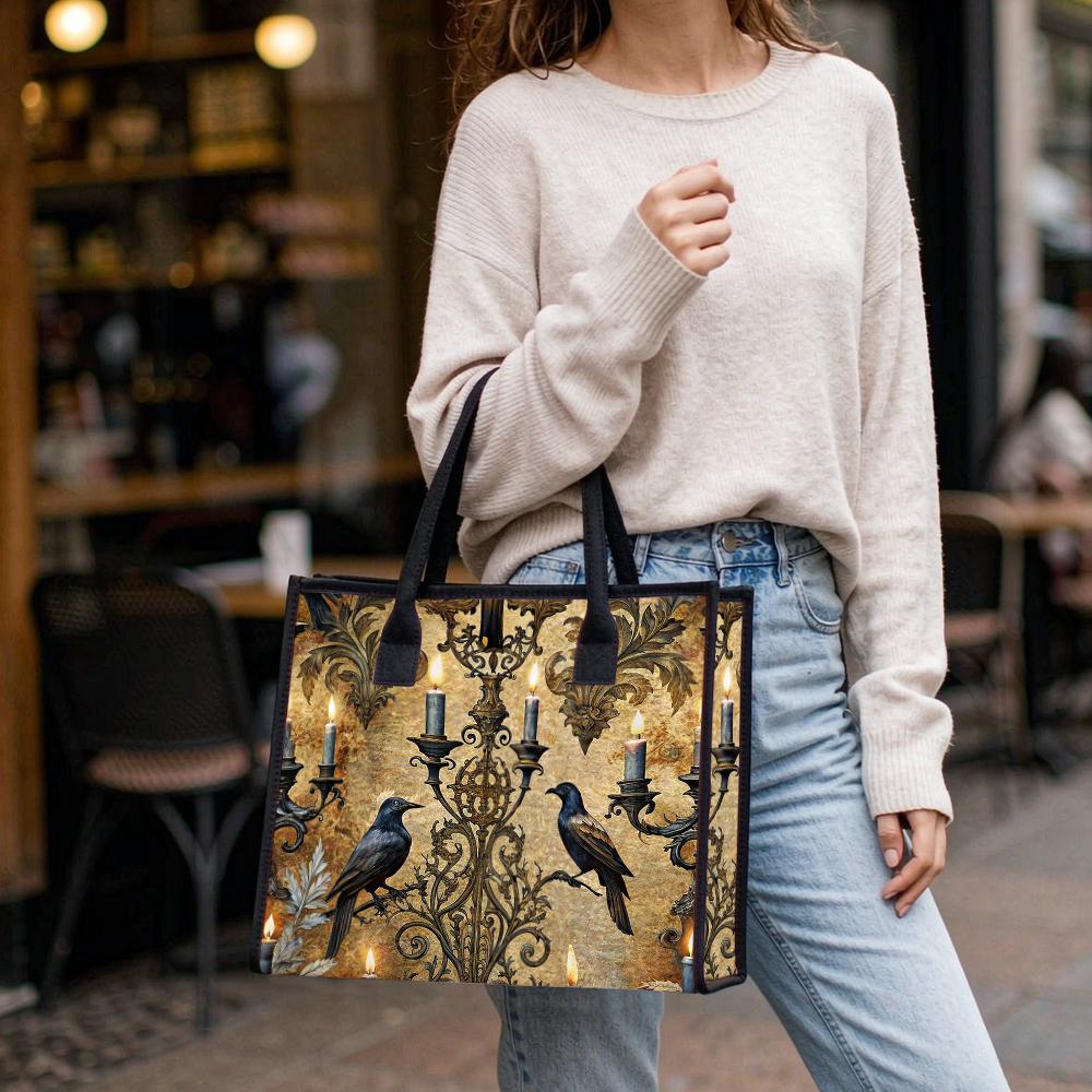 Gothic Crow Candle Pattern Tote Bag Dark Vintage All Match Large Casual Shoulder Handbag for Daily Use Shopping