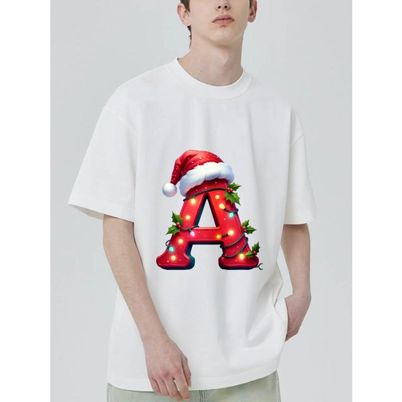 Christmas Letter A T-Shirt Black Santa Hat and Lights Print Holiday Party Wear