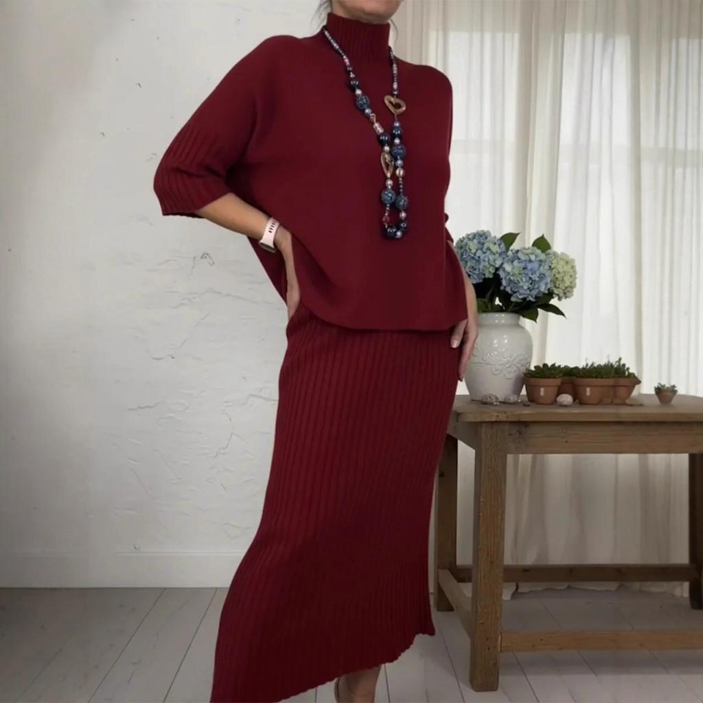 Elegant Women Knit Sweater Skirt Set With High Neck Design For Winter Casual Wear