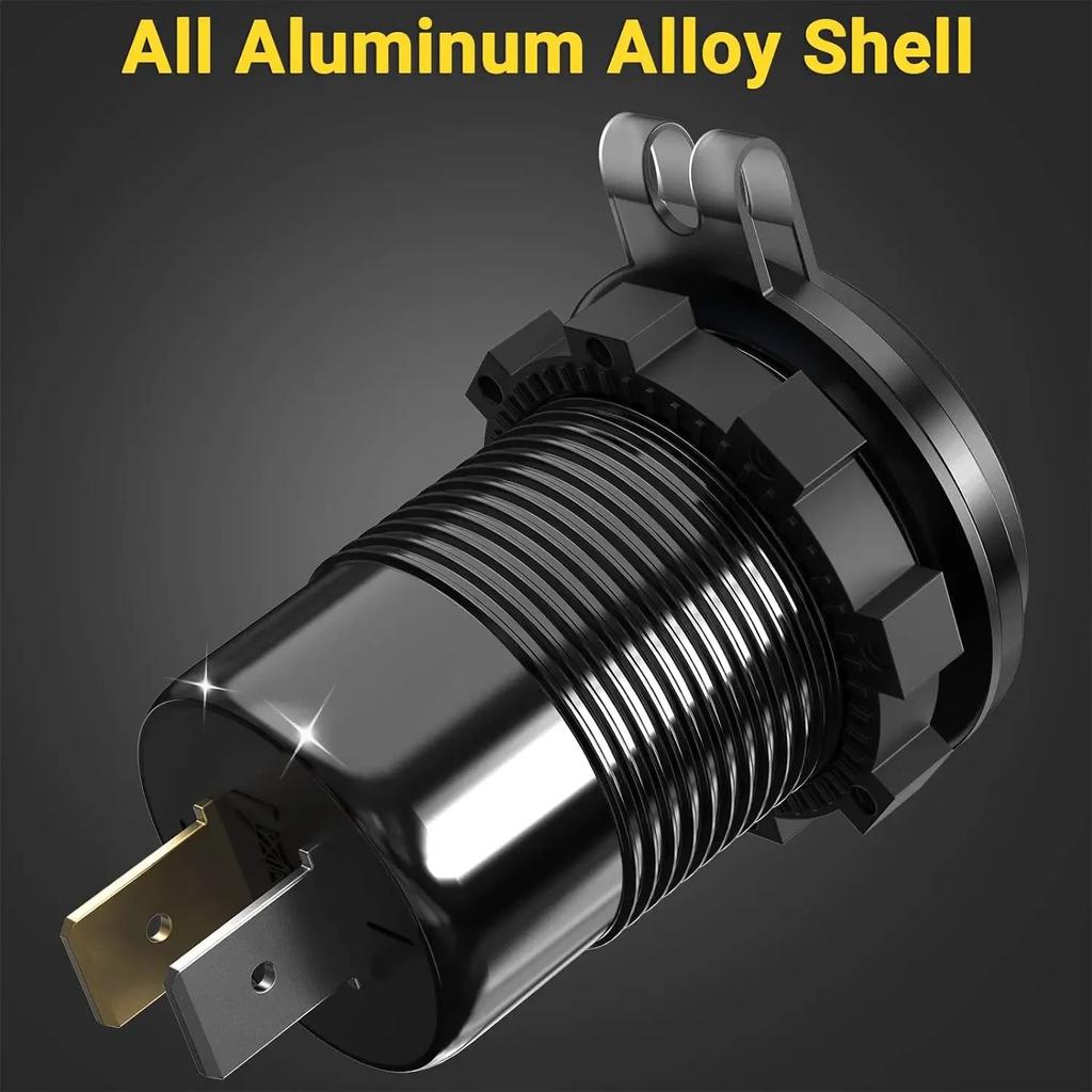 PD+QC3.0 Fast Charging USB Car Charger Socket with Voltmeter, Aluminum Alloy Waterproof Power Outlet