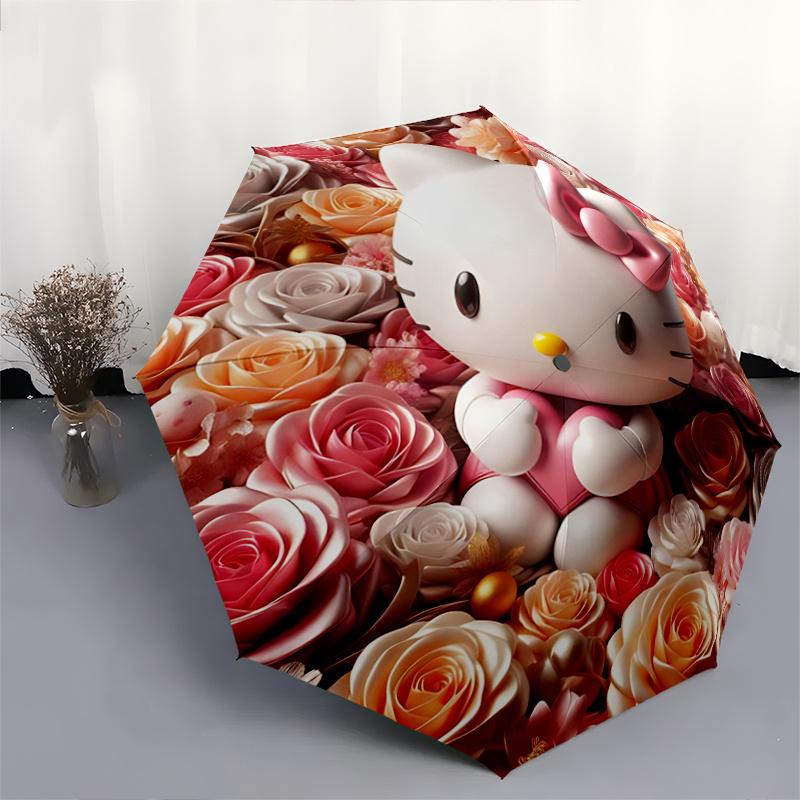 1pc Hello Kitty Floral Umbrella - Automatic Opening/Closing, Portable 3-Fold Design, 8-Bone Iron Frame, Outdoor Use, Perfect Gift for Fans, Travelers,