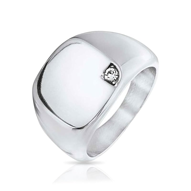 personalized men's cubic zirconia CZ accent sculpture monogram initial statement square signet ring silver tone stainless steel