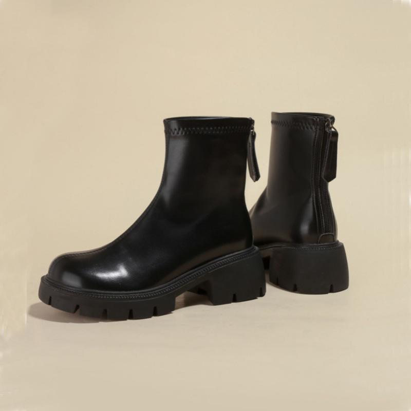 Эластичные маленькие короткие ботинки толстый каблук круглый носок бархатные на толстой подошве ботинки Мартина женские 2025 осень и зима новая мягкая кожа тонкие ботинки