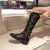 Женские крутые ботинки лето новые круглый носок пэчворк сетка заклепки металлическая пряжка задняя молния мягкая подошва средний каблук туфли