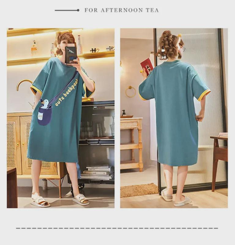 Милая хлопковая летняя ночная рубашка с рисунком для женщин – свободный крой, короткий рукав, корейский стиль, юбка средней длины