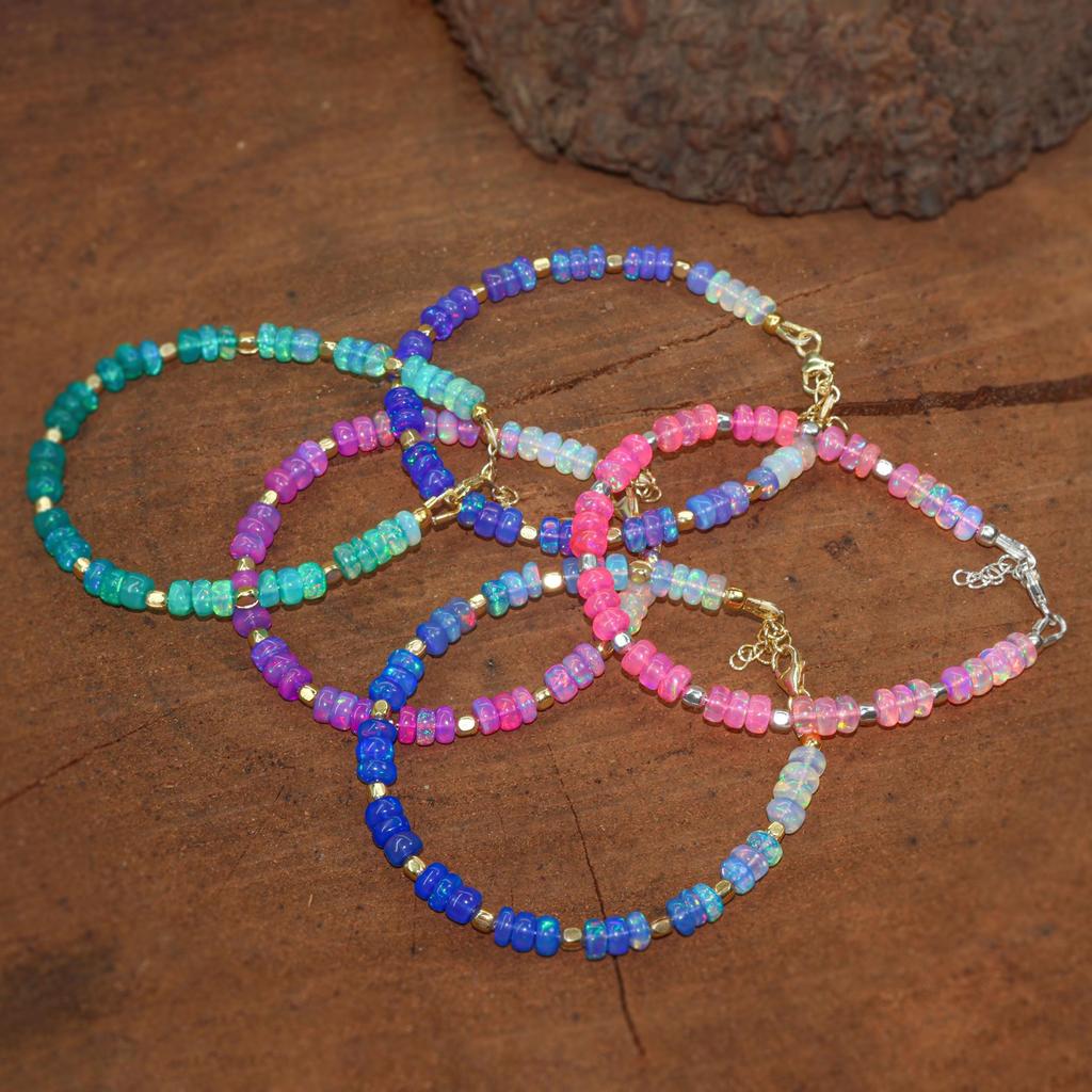 Fire Green Shaded Opal Three Beads Dainty Bracelet, Natural Opal Beaded Bracelet, Opal Birthstone Bracelet, Opal Gold Bracelet, Gift for Mom