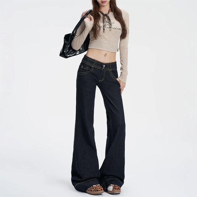 American double-button retro micro-pull jeans women's new dark blue low-rise thin flared pants without sticking to the legs