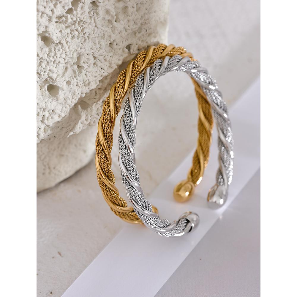 Yhpup Waterproof Stainless Steel Twisted Round Cuff Open Bracelet Bangle for Women Texture Metal Statement Jewelry Gift