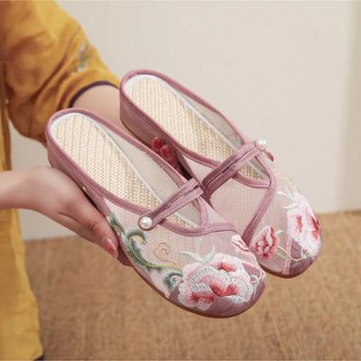 Maogu 2024 Летние новые китайские туфли с вышивкой на низком каблуке, женские тапочки из дышащей сетки, женские тапочки, сланцы для женщин, мюли 34