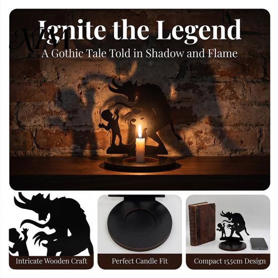 Decorative Ghost Candle Projection Halloween Shadow Holder, Spooky Skull Candlestick Decoration, Holder Vintage Wooden Tea Light Stand for Home Party