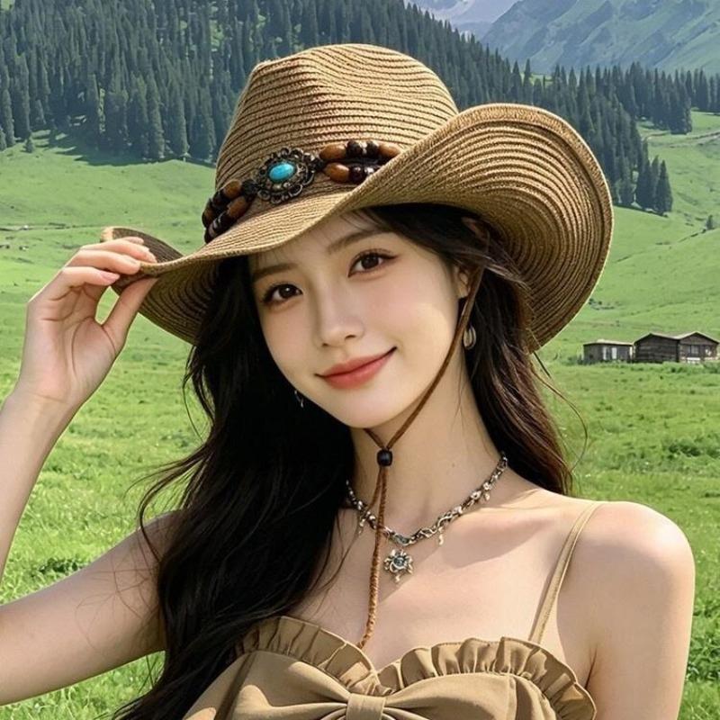 Women S Summer Straw Hat Cowboy Style Sun Protection For Travel Photography