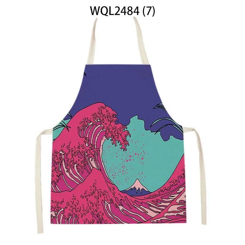 Japanese Style Kitchen Waves Sunrise Print Aprons for Women Linen Pinafore Bibs Household Cleaning Home Cooking Apron