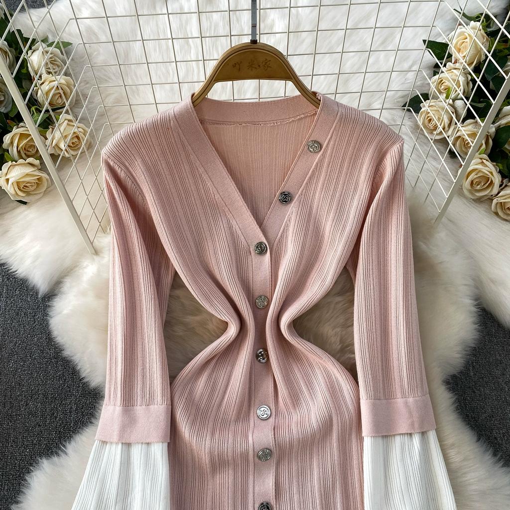 Autumn Winter Women V-neck Full Sleeve Knitted Pullover Sweater Party Long Maxi Mermaid Dresses