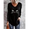 Women's Cat Print Loose Oversized Casual V Neck Long Sleeved T-shirt Top Streetwear Oversized O-Neck Vest