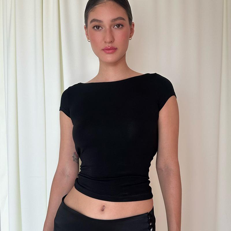 Летняя простая элегантная короткая сексуальная футболка с открытой спиной, женская модная однотонная уличная футболка с вырезом-лодочкой, женская повседневная облегающая черная футболка, женские топы 25554