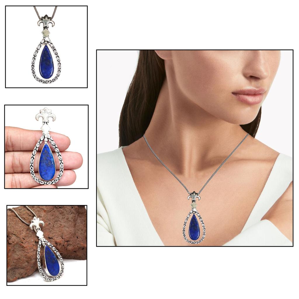 Pendant Lapis Lazuli Silver Jewelry 2.5" Gemstone  Handmade Sterling Silver