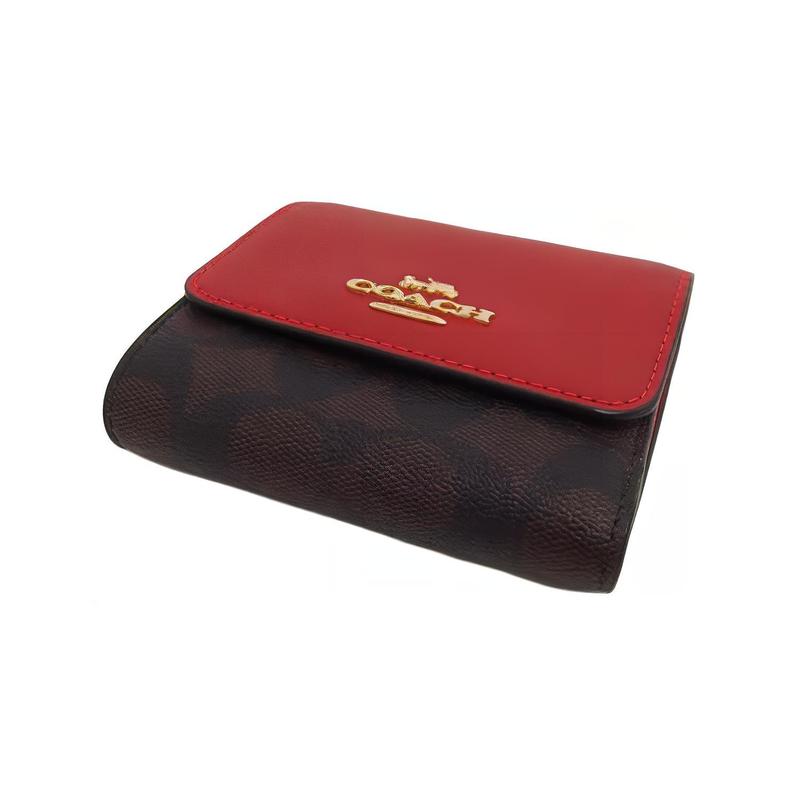 Coach Трехскладной кошелек 11 кнопок классический пресбиопический signature покрытие холст с гладкой кожей держатель для карт кошелек маленький женский коричневый с красным
