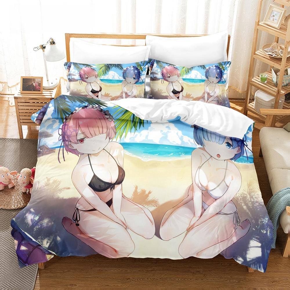 Новый комплект постельного белья Re Zero Рем Рам с 3D-принтом Кавайный Мультяшный Аниме трехпредметный комплект Взрослый Детский Спальня Наборы пододеяльников Домашний текстиль