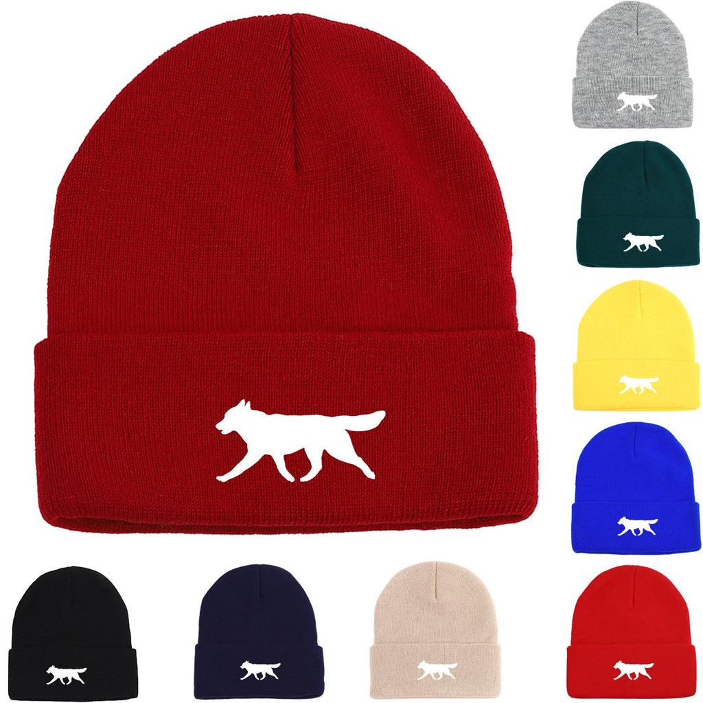 White Wolf Dog Print Knitted Cap Beanie, Animal Man Cap Lightweight Elastic Casual Bobble Hat Knit Hat Beanie
