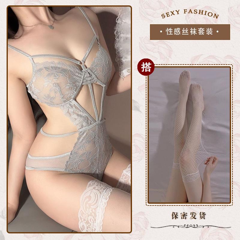 Hollow and thin sexy underwear sexy onesie temptation strap perspective lace free purple n
