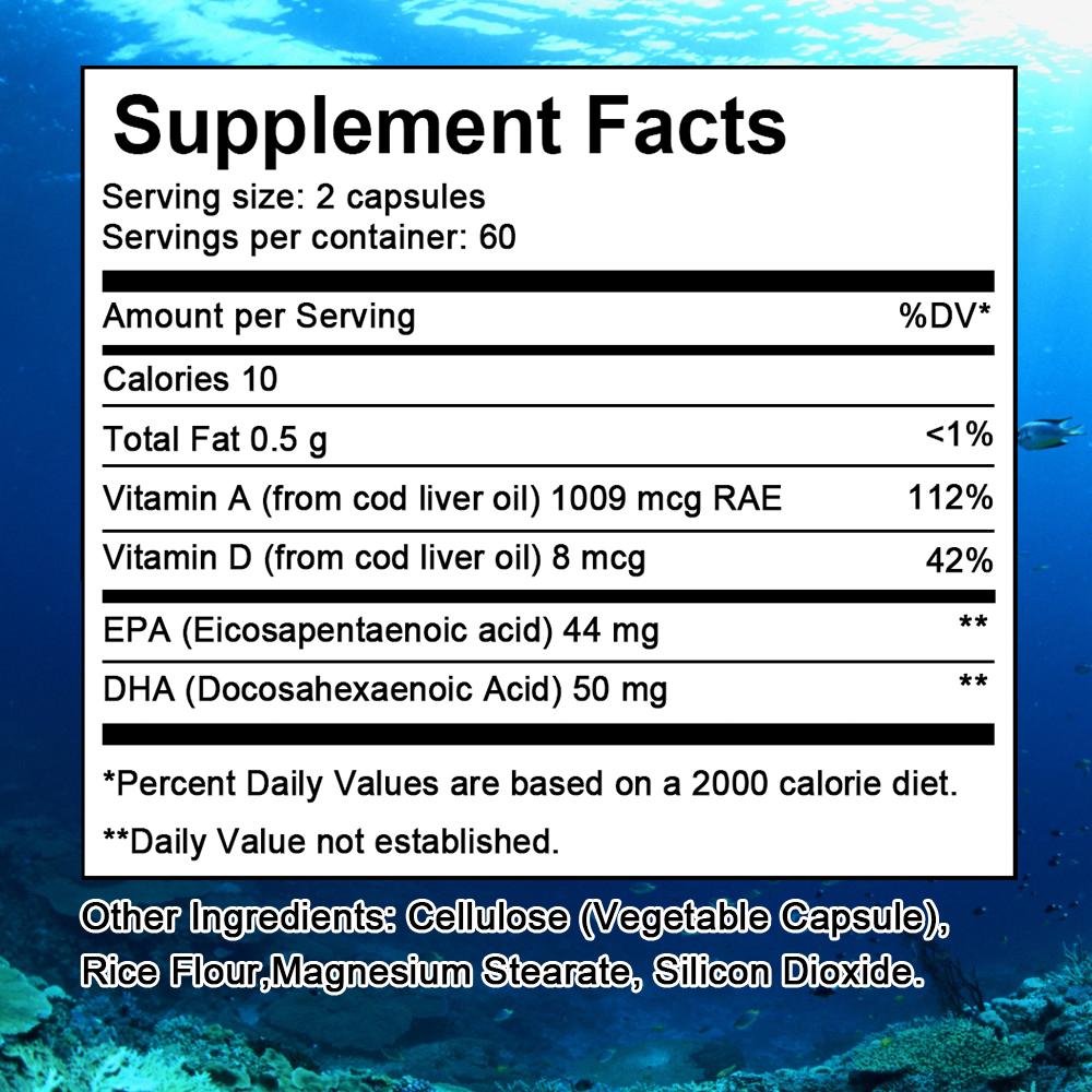 Cod liver oil capsules, lower blood lipids, support bone and vision health, 120 capsules