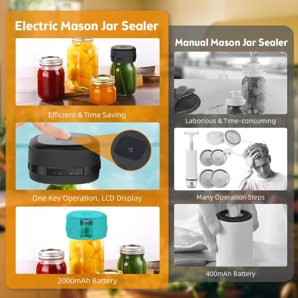Electric Mason Jar Vacuum Sealer 60KPa Strong Suction Vacuum Sealing Machine Silent Rechargeable Portable Cordless Vacuum Sealer