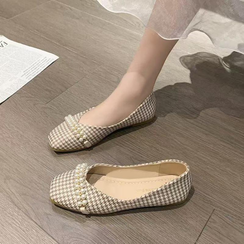 Single Shoes Women's Spring New Pearl Pointed Head Shallow Mouth Flats Fashion Thousand Bird Grid Mary Jane Shoes