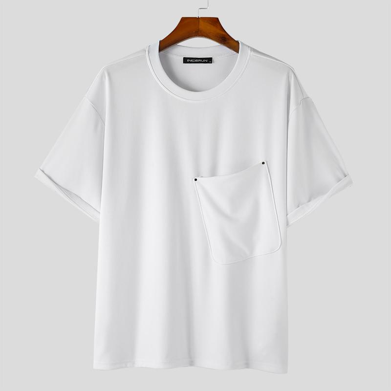 INCERUN Мужская дизайнерская простая однотонная футболка с короткими рукавами и большим карманом
